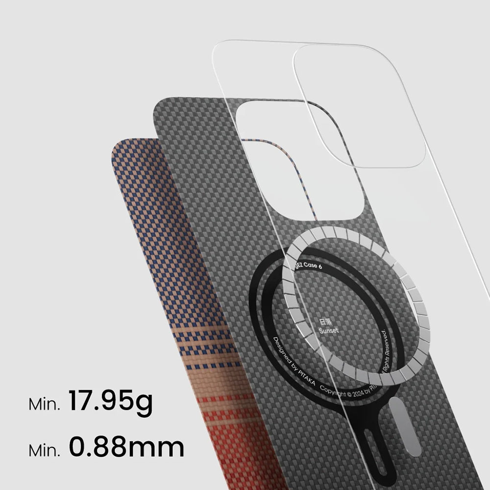 Pitaka Tactile Woven Sunset-Moonrise Serisi iPhone 16 Plus M-safe Şarj Özellikli Aramid Fiber Sunset Kılıf Pitaka Tactile Woven Sunset-Moonrise Serisi iPhone 16 Plus M-safe Şarj Özellikli Aramid Fiber Sunset Kılıf